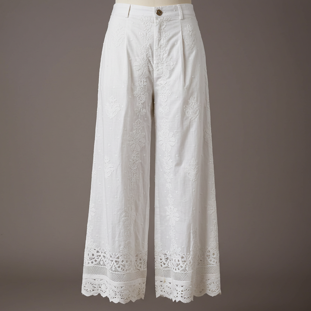 White Cotton Full Embroided Trouser