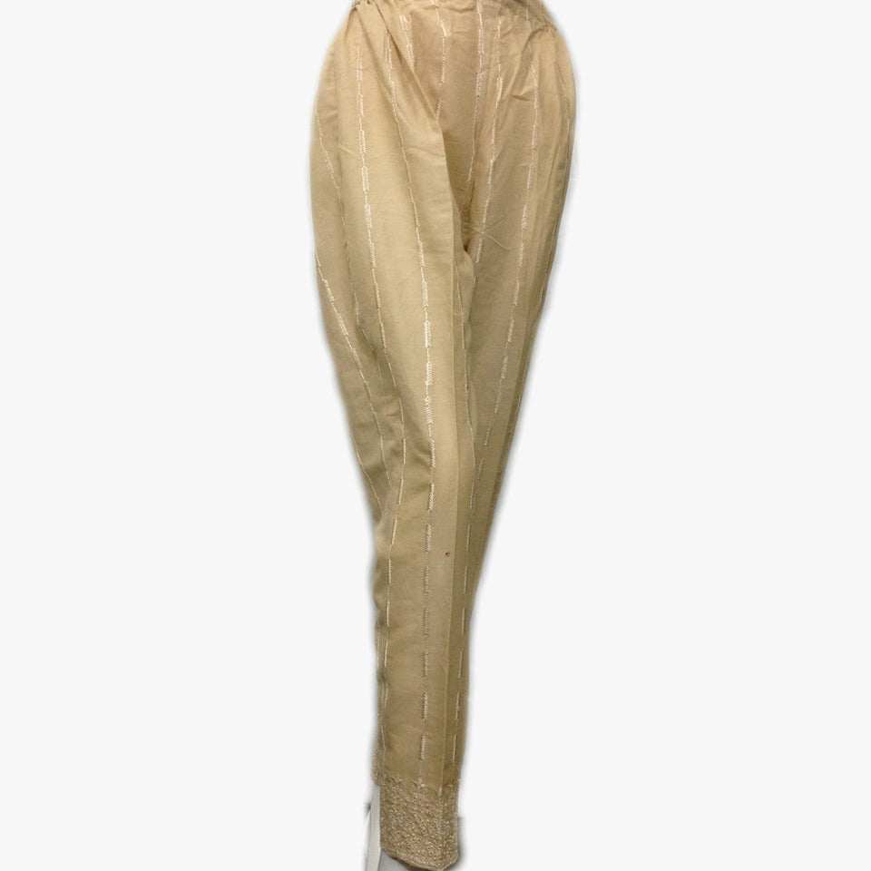 Skin Colour Cotton Embroidered Trouser/Pants